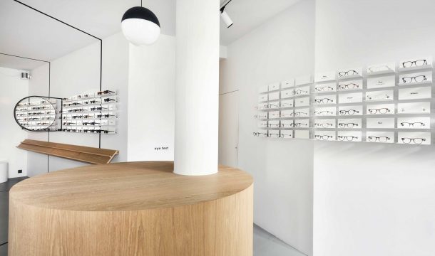 shelves for designer glasses in the new optician store Ace & Tate in Munich