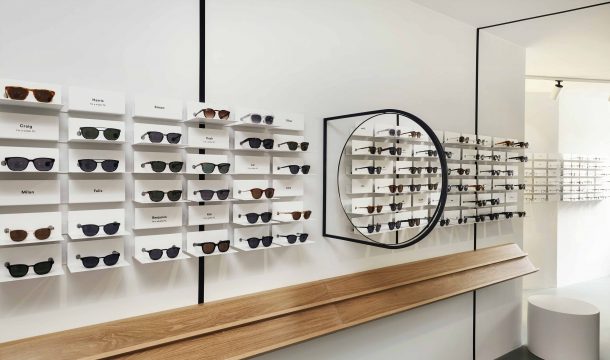 shelves for designer glasses in the new optician store Ace & Tate in Munich