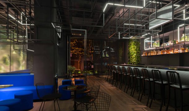 modern bar with black interior and extraordinary lighting in shanghai, called The Botanist