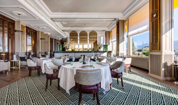 Restaurant and bar in the luxurious Fairmont Hotel in Montreux at the Lake Geneva