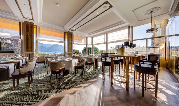 Restaurant and bar in the luxurious Fairmont Hotel in Montreux at the Lake Geneva