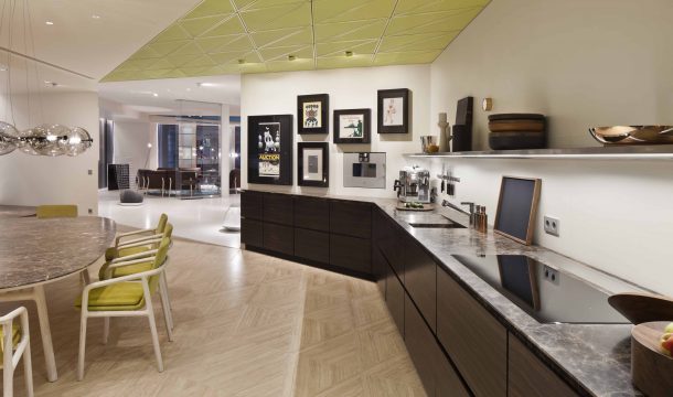 kitchen and dining room in a modern apartment in almaty