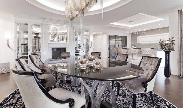 Dining room with high gloss lacquered table in a luxurious city apartment