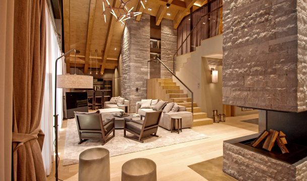 living room in a luxurious apartment loft in the Chedi Andermatt