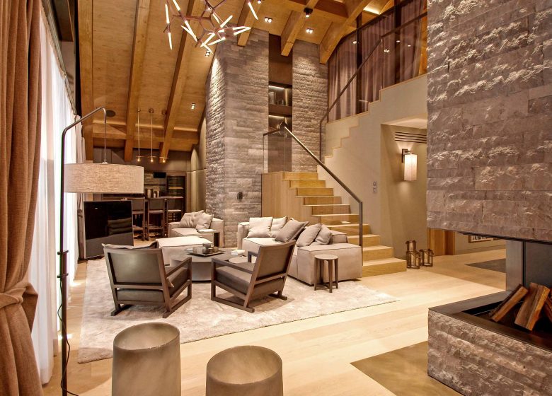 living room in a luxurious apartment loft in the Chedi Andermatt