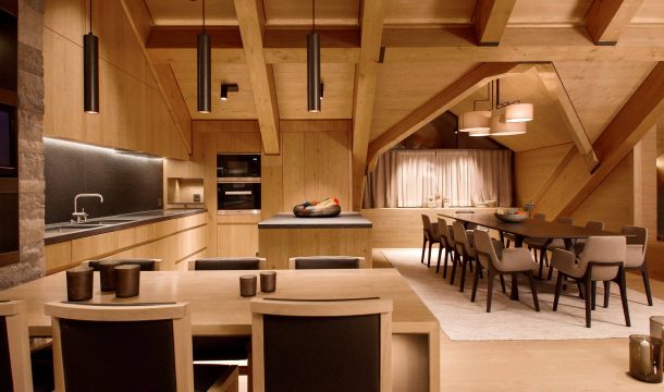 kitchen and dining room in a luxurious apartment in the Chedi Andermatt 2