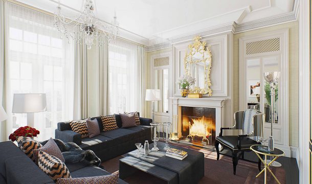 Living room in the Ralph Lauren Mansion in Moscow, interior rendering