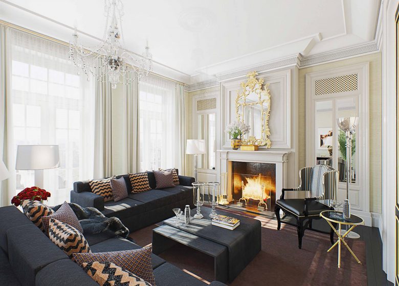 Living room in the Ralph Lauren Mansion in Moscow, interior rendering