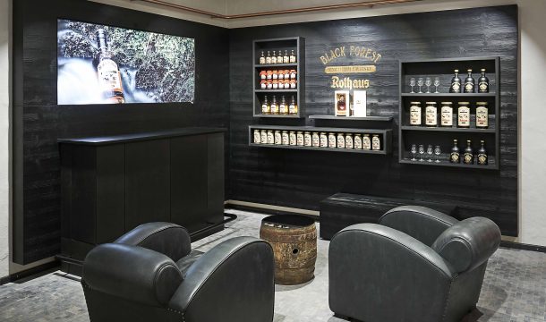 whiskey lounge for fan merchandising articles in traditional brewery